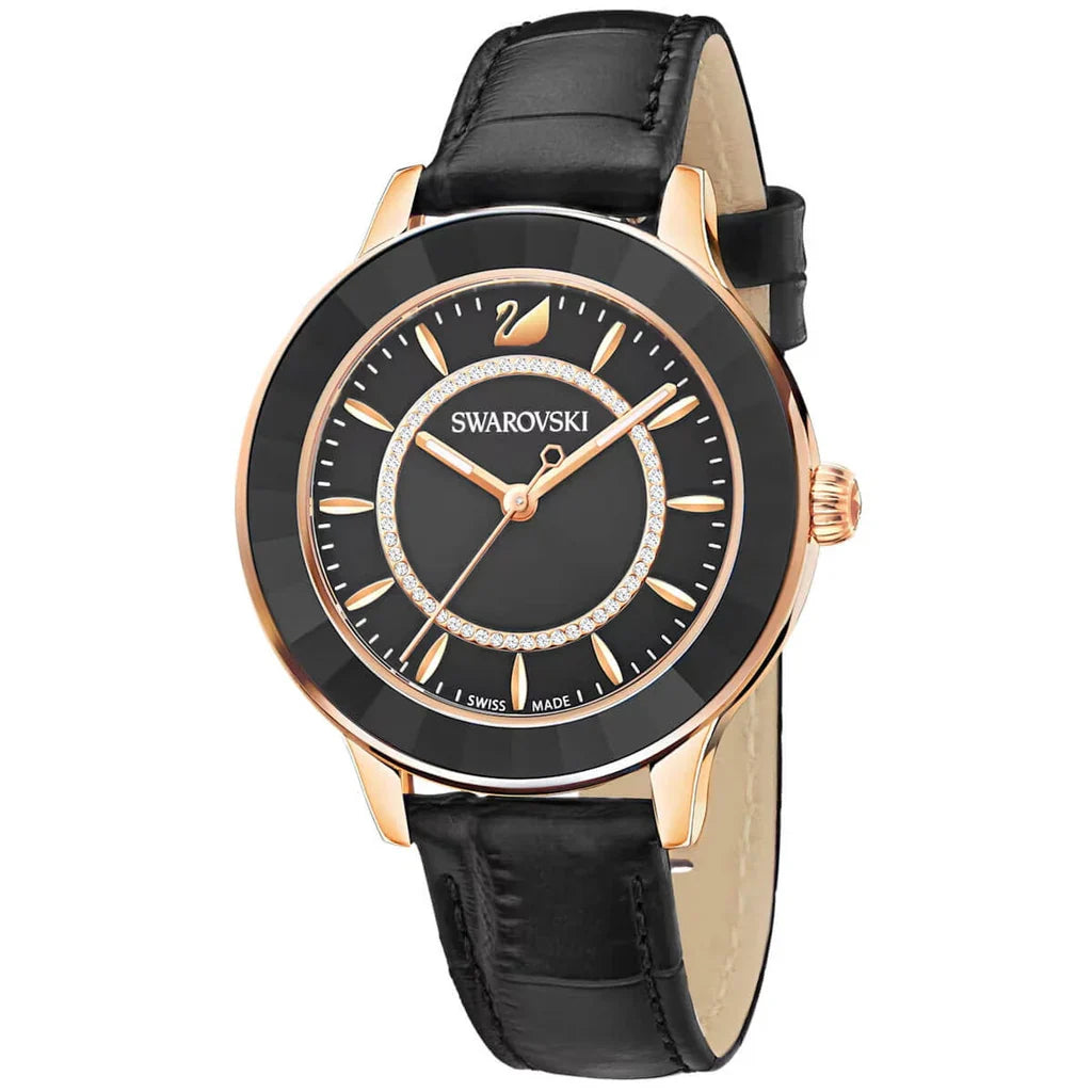 Swarovski Octea Lux Black Dial Black Leather Strap Women's Watch 5414410