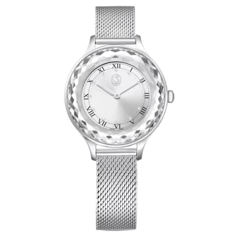 Silver watch with mesh band on a white background