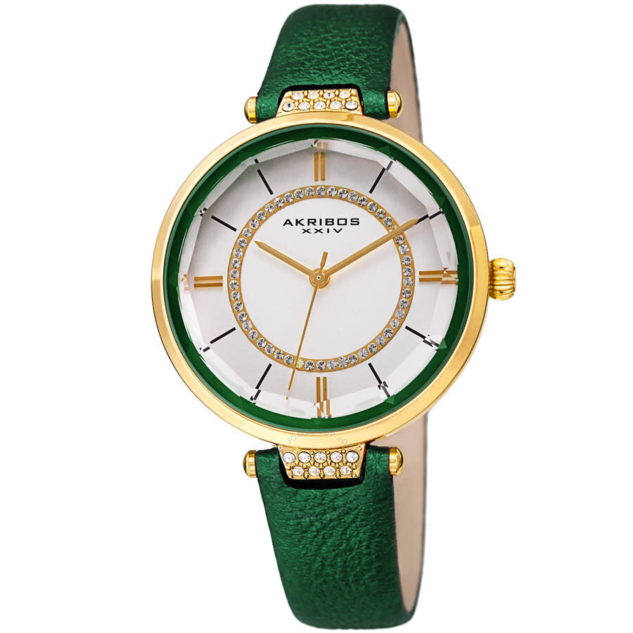 Akribos XXIV Quartz White Dial Green Leather Ladies Watch AK1116GN - Dawson Watches