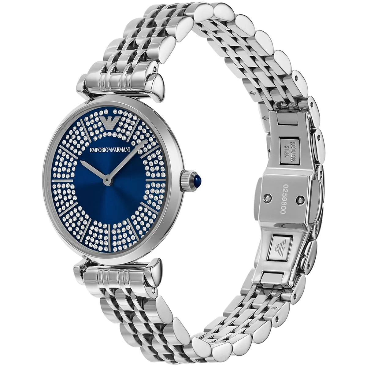 Emporio Armani Gianni T-Bar Blue Sunray Crystal Dial Silver Women's Watch - AR11627