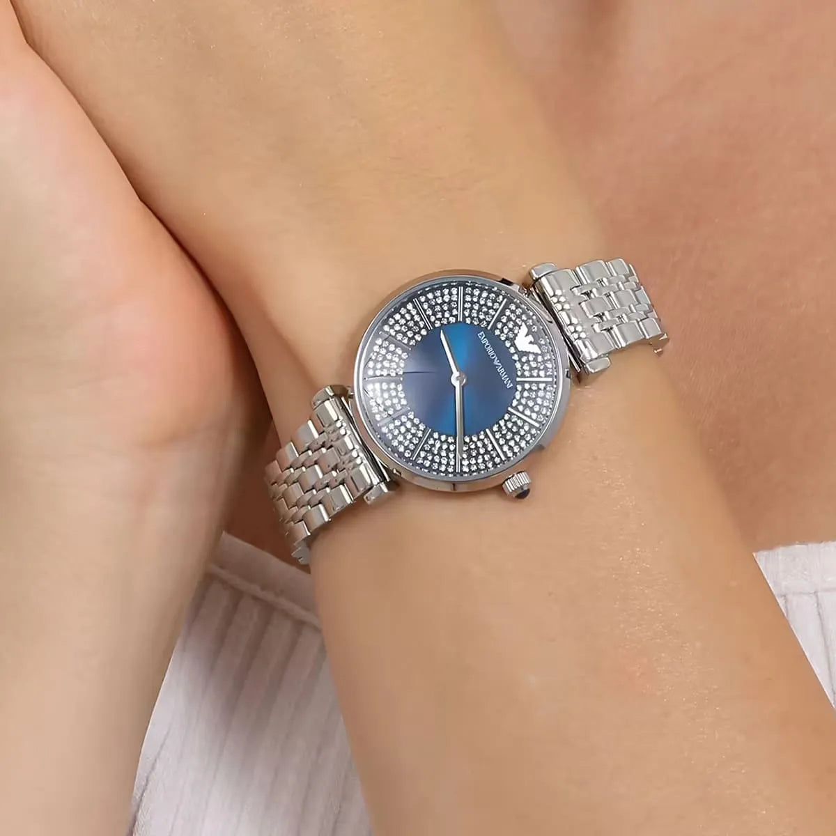 Emporio Armani Gianni T-Bar Blue Sunray Crystal Dial Silver Women's Watch - AR11627