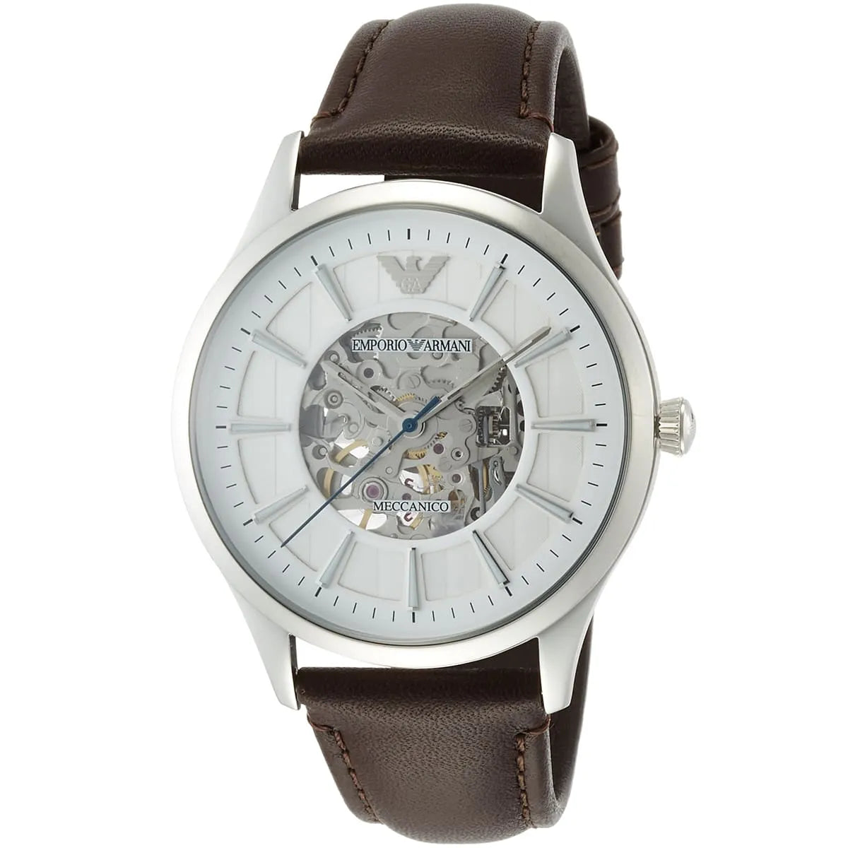Emporio Armani Meccanico Skeleton Automatic Dark Brown Genuine Leather Men's Watch - AR1946