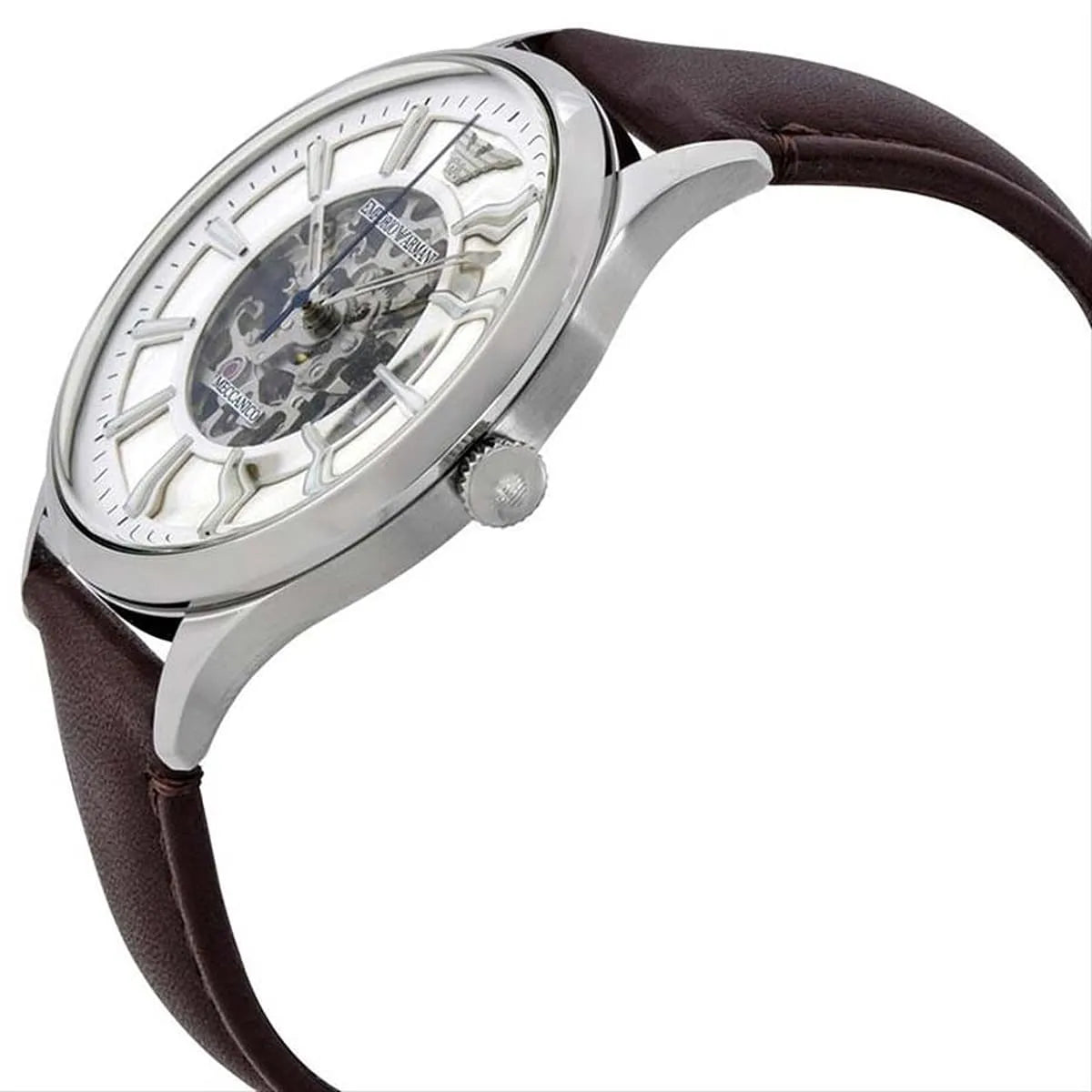 Emporio Armani Meccanico Skeleton Automatic Dark Brown Genuine Leather Men's Watch - AR1946