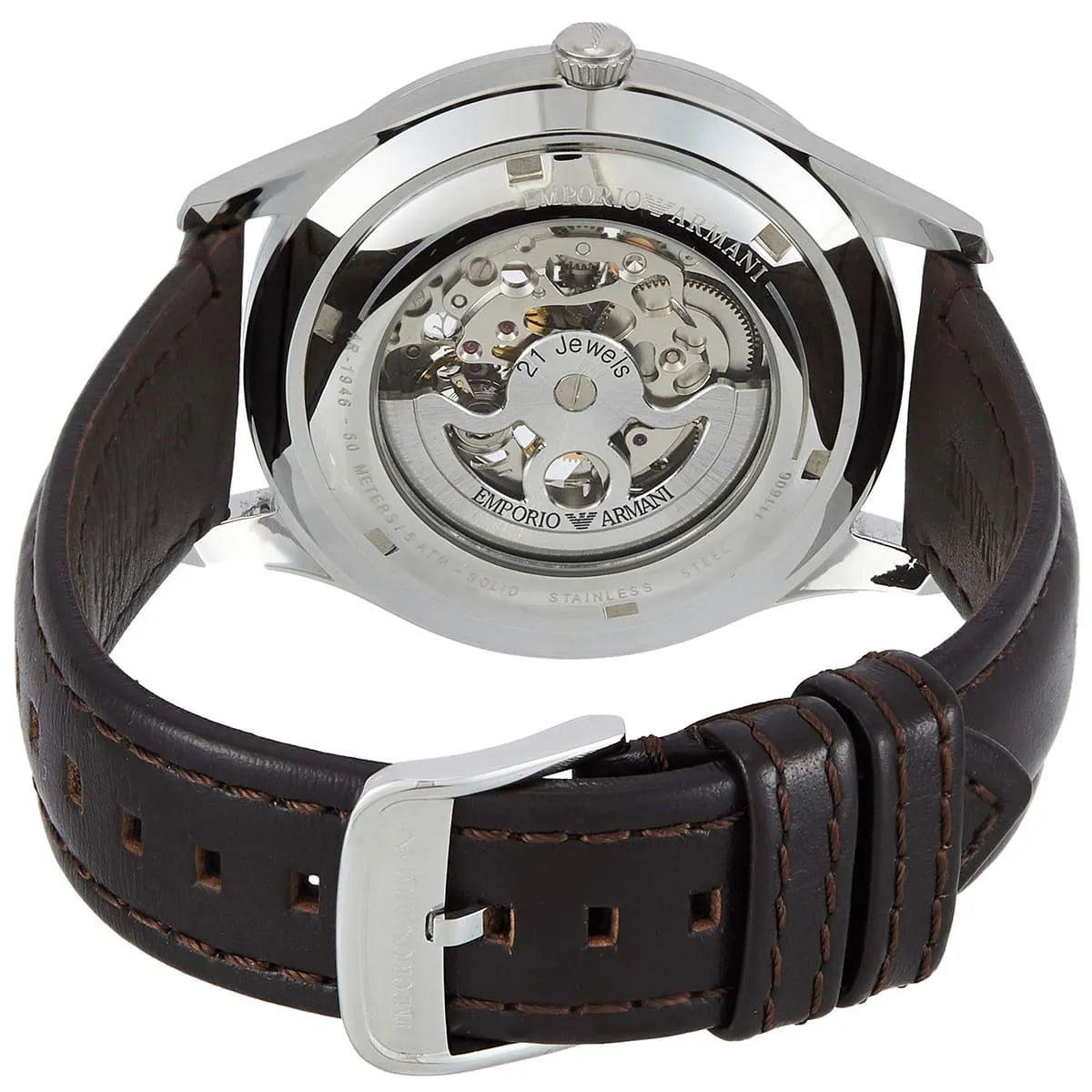 Emporio Armani Meccanico Skeleton Automatic Dark Brown Genuine Leather Men's Watch - AR1946