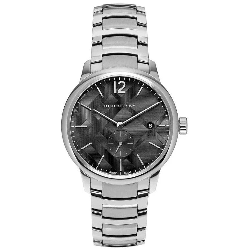 Burberry The Classic Engraved Check Grey Dial Silver Stainless Steel Men's Watch BU10005