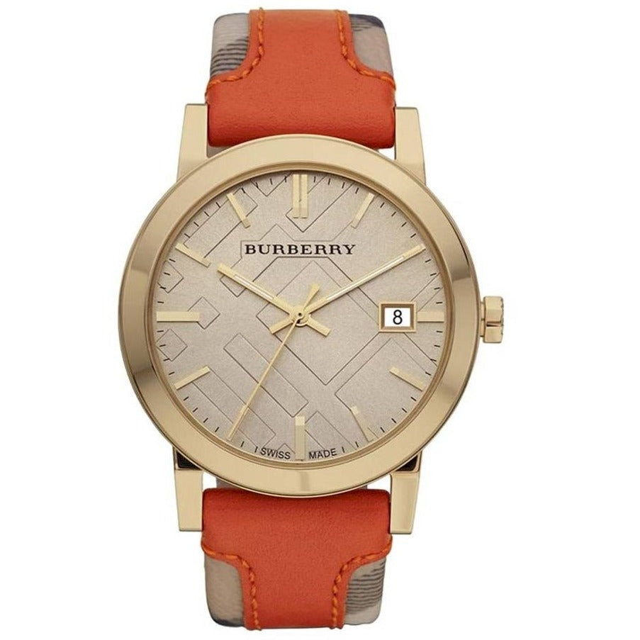 Burberry Women's Swiss Haymarket Check Fabric and Smooth Orange Leather Strap Women's Watch BU9016 - The Watches Men & CO