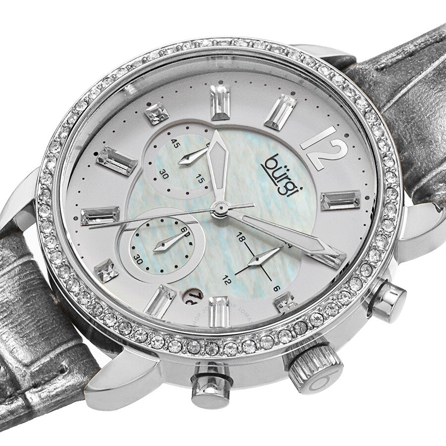 Burgi Crystal Chronograph Grey Leather Mother of Pearl Dial Ladies Watch BUR089GY - Dawson Watches #2