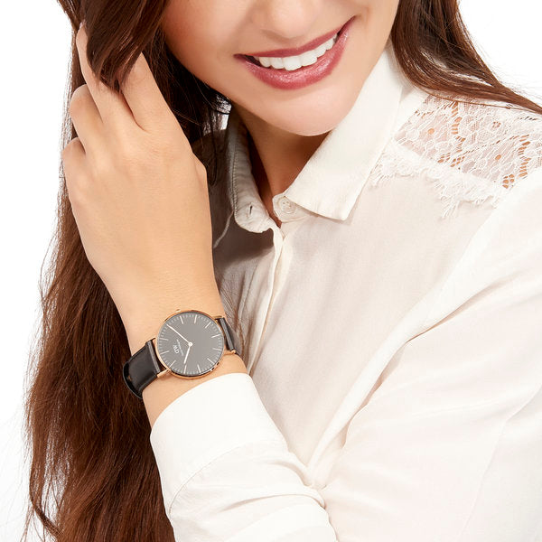 Daniel Wellington Sheffield 36mm Black Dial Black Genuine Leather Women's Watch - DW00100139