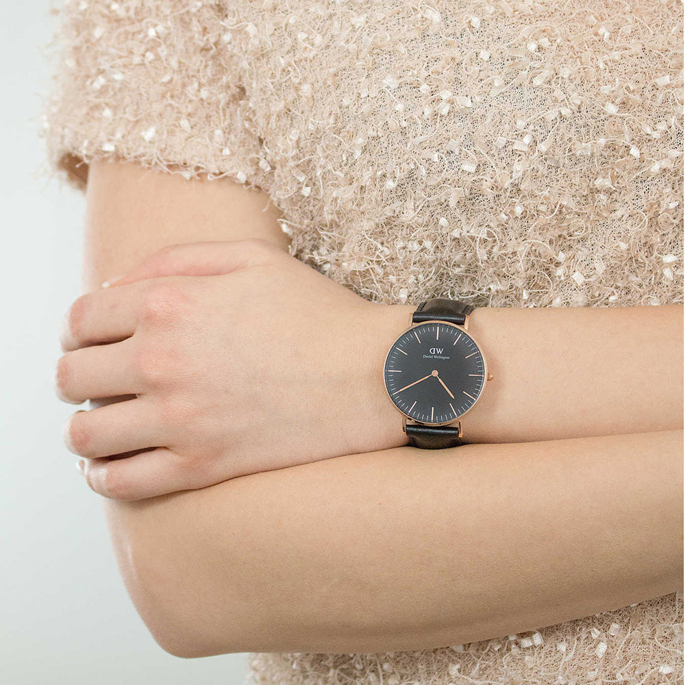 Daniel Wellington Sheffield 36mm Black Dial Black Genuine Leather Women's Watch - DW00100139