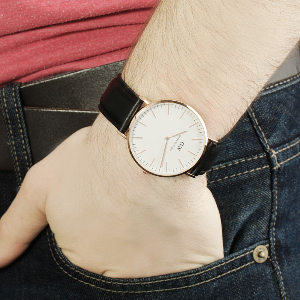 Daniel Wellington Sheffield 40mm White Dial Black Genuine Leather Men's Watch - DW00100007