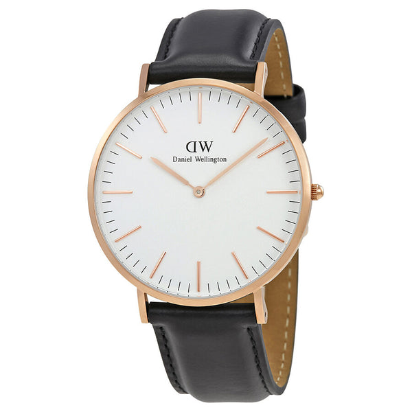 Daniel Wellington Sheffield 40mm White Dial Black Genuine Leather Men's Watch - DW00100007