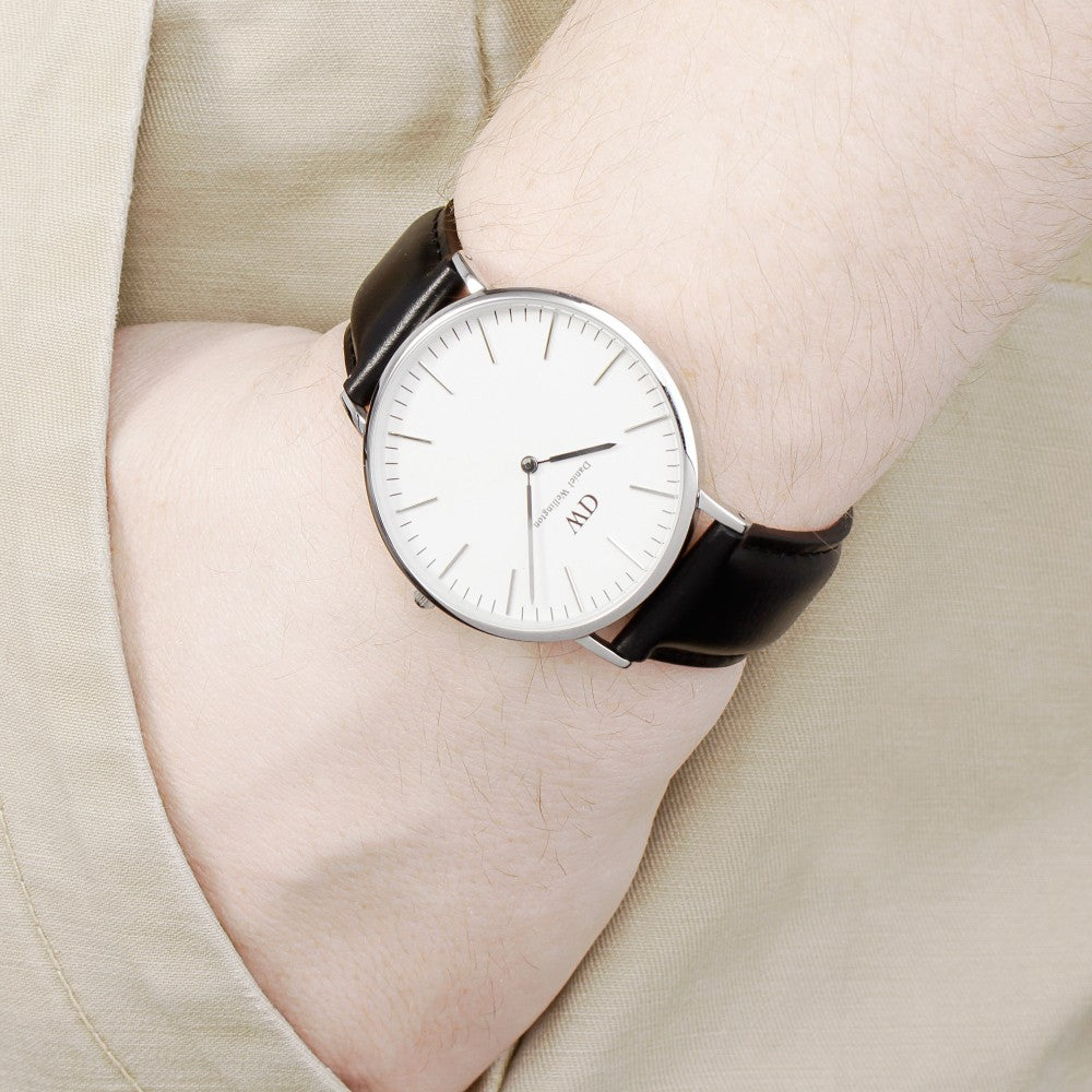 Daniel Wellington Sheffield 40mm Silver Bezel Black Genuine Leather Men's Watch - DW00100020