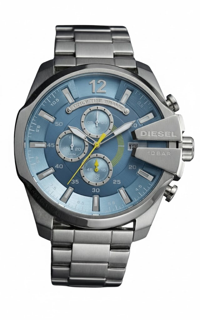Diesel Mega Chief Chronograph Light Blue Dial Silver Men's Watch DZ4281