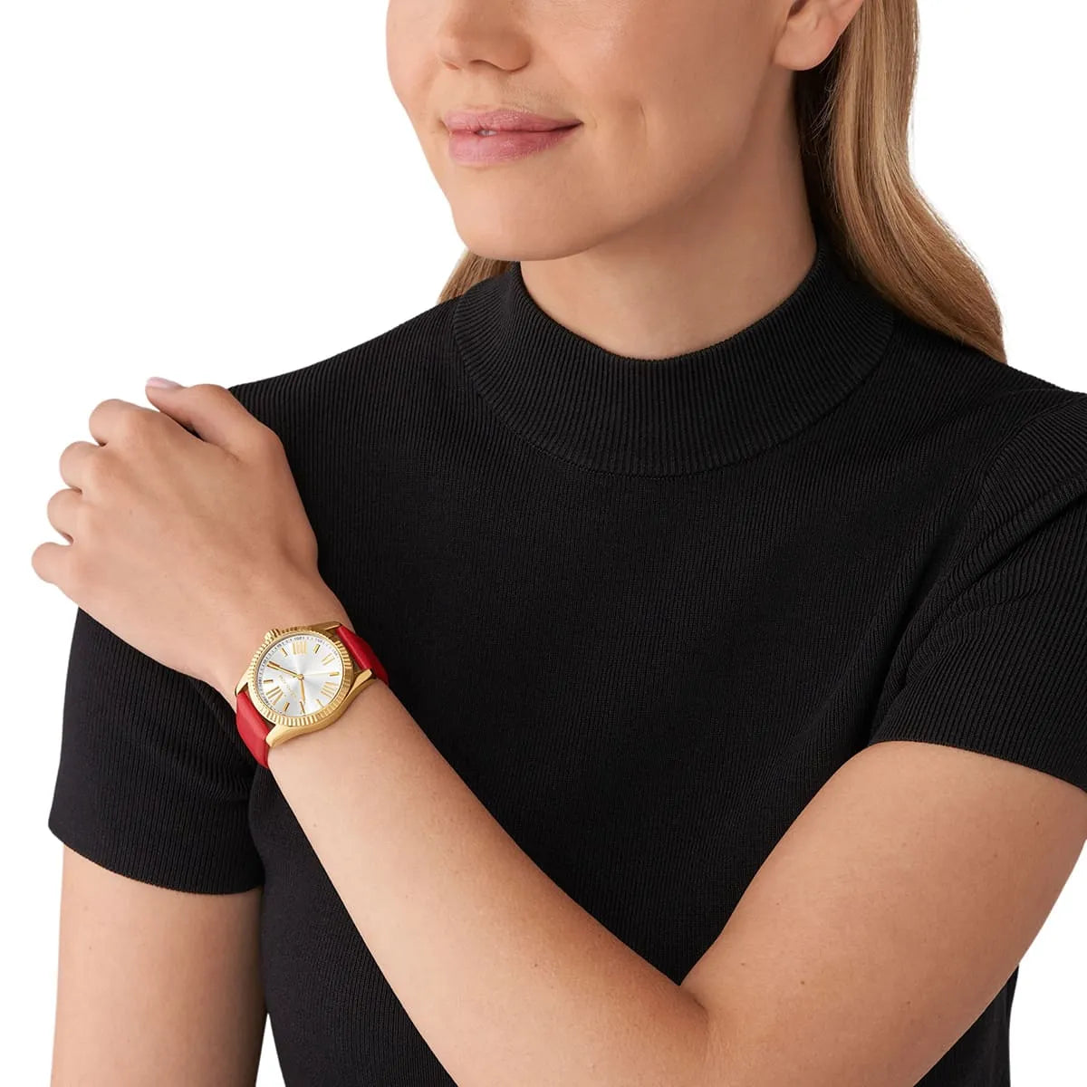 Michael Kors Lexington Gold White Dial Red Genuine Leather Women's Watch - MK4747