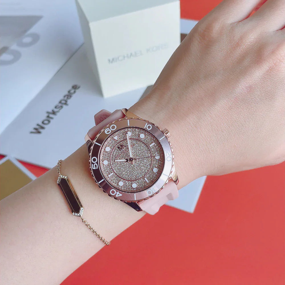 Michael Kors Oversized Runway Dive Pavé Rose Gold-Tone and Silicone Women's Watch - MK6854