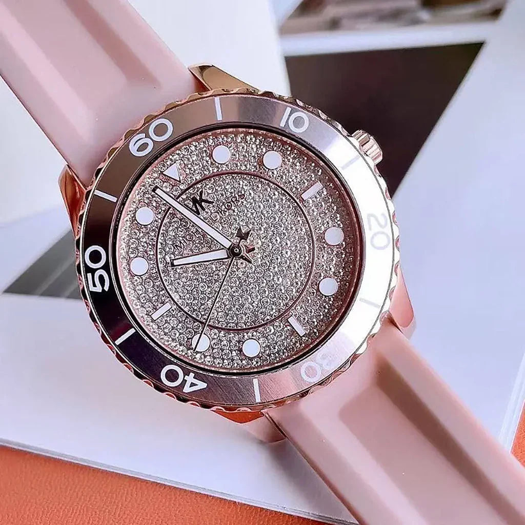 Michael Kors Oversized Runway Dive Pavé Rose Gold-Tone and Silicone Women's Watch - MK6854