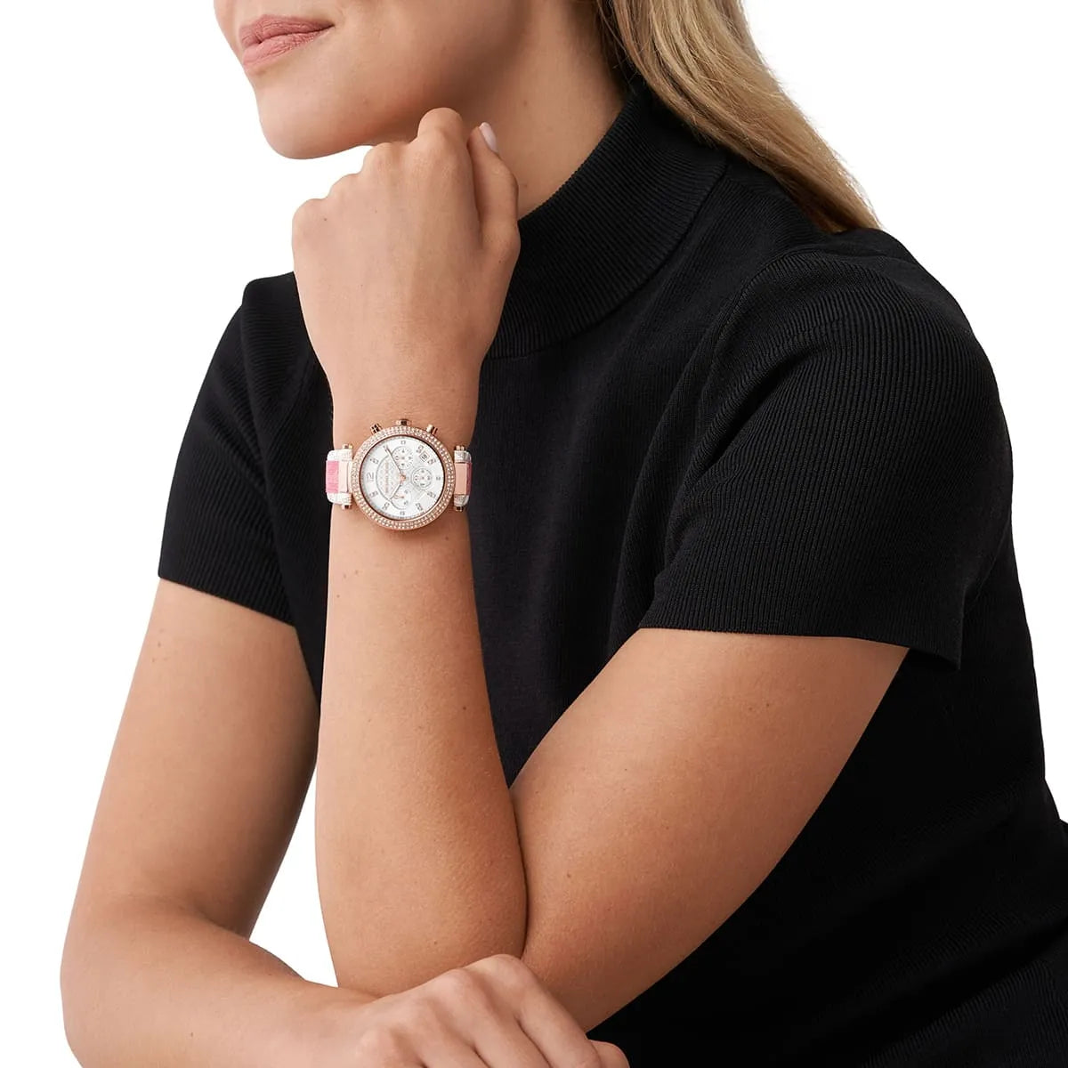 Michael Kors Parker Chronograph White Dial Tea Rose PVC Women's Watch - MK6951