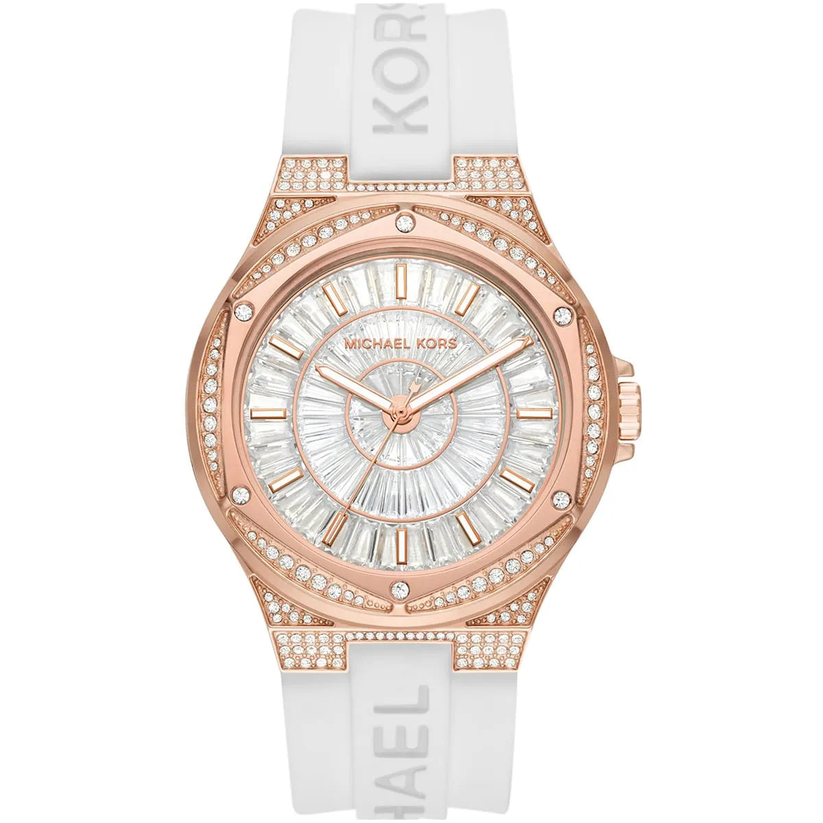 Michael Kors Oversized Lennox Pavé Rose Gold-Tone and White Silicone Watch - MK7248