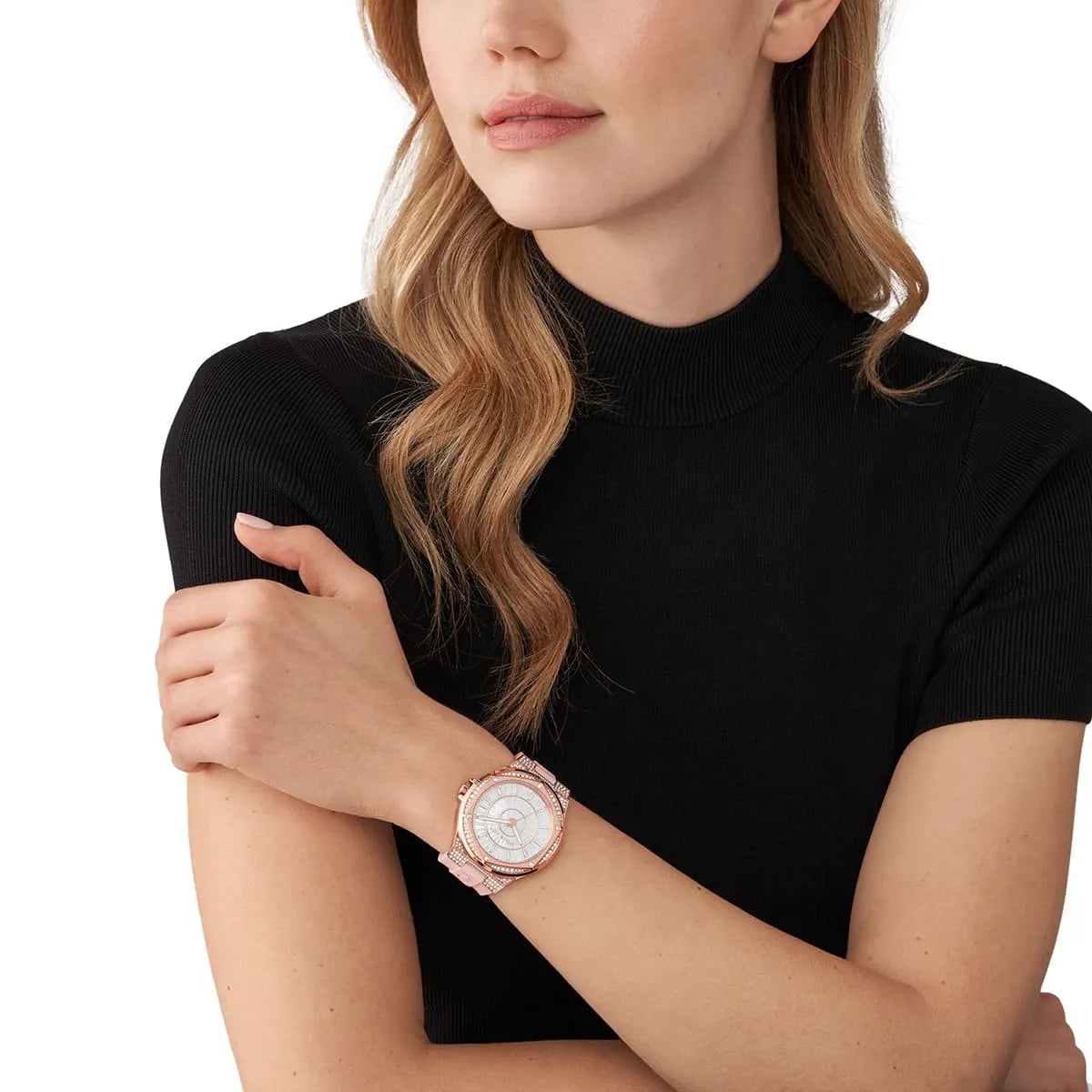 Michael Kors Lennox Pavé Rose Gold and Pink Silicone Women's Watch - MK7334