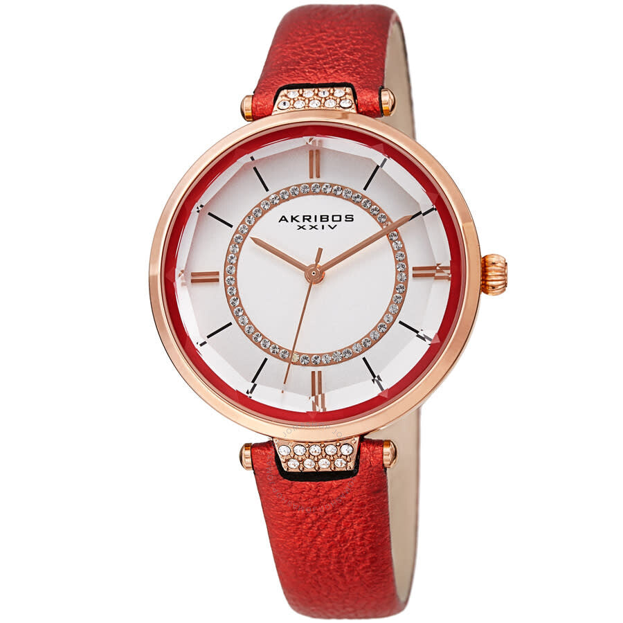 Akribos XXIV Quartz White Dial Red Leather Ladies Watch AK1116RD - Dawson Watches