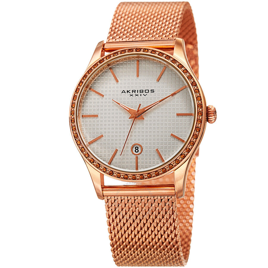 Akribos XXIV White Square-Textured Ladies Rose Gold Tone Watch AK967RG - Dawson Watches