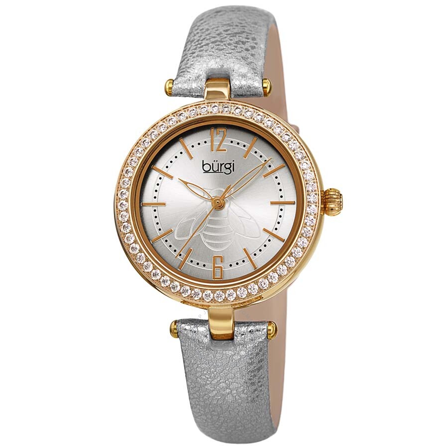 Burgi Crystal Silver Dial Silver Leather Ladies Watch BUR235YG - Dawson Watches
