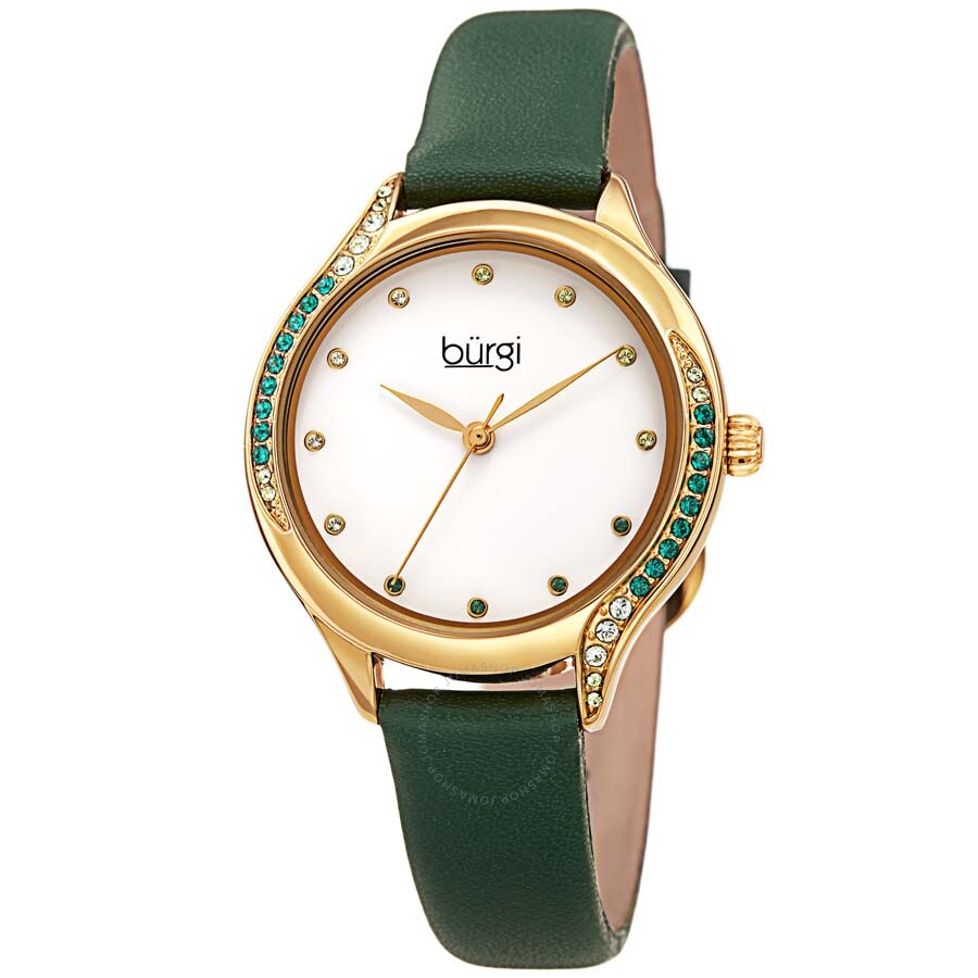 Burgi Crystal White Dial Green Leather Ladies Watch BUR239GN - Dawson Watches