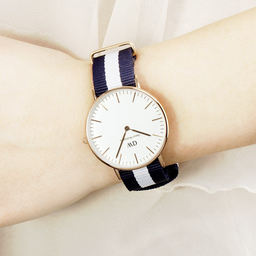 Daniel Wellington Glasgow 36mm White Dial Blue and White Nylon Strap Women's Watch - DW00100031