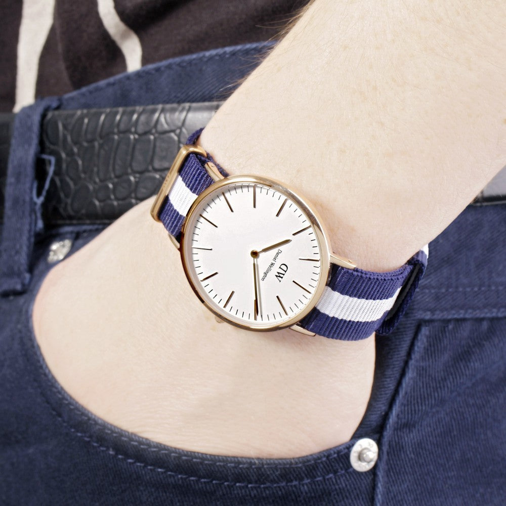 Daniel Wellington Glasgow 40mm White Dial Blue and White Nylon Strap Men's Watch - DW00100004