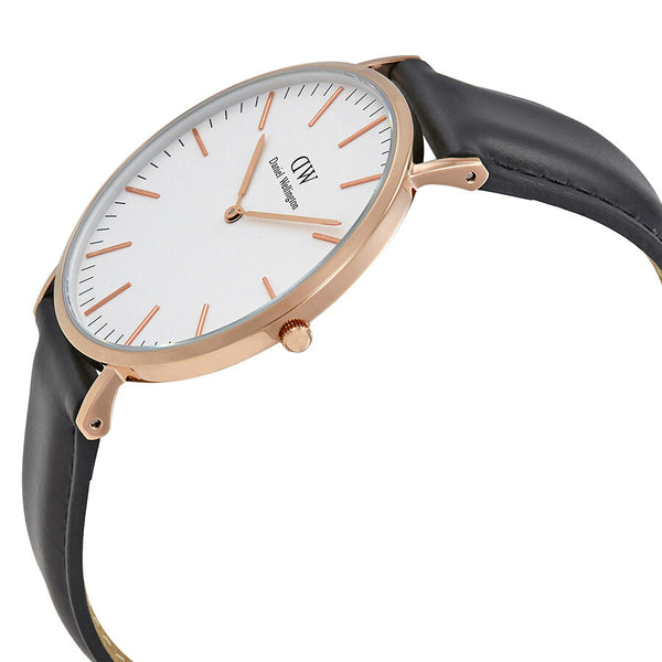 Daniel Wellington Sheffield 40mm White Dial Black Genuine Leather Men's Watch - DW00100007