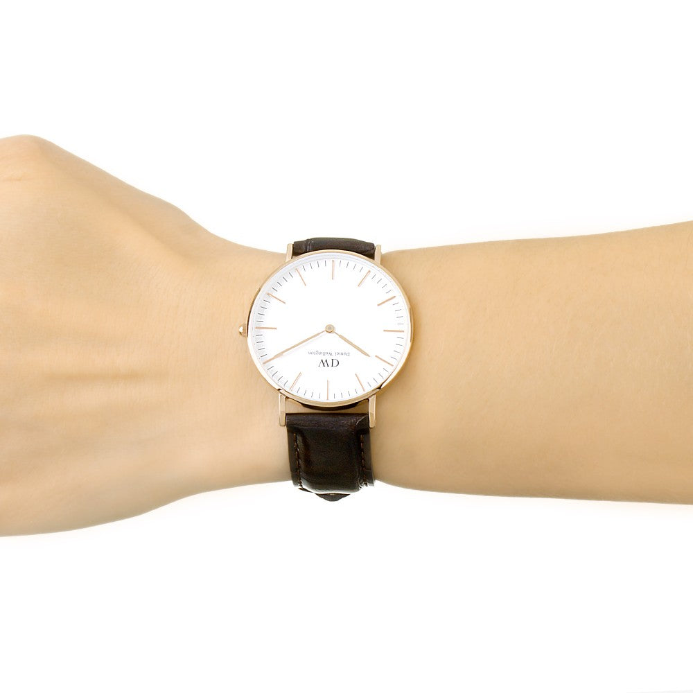 Daniel Wellington Classic York 36mm White Dial Dark Brown Genuine Leather Women's Watch - DW00100038
