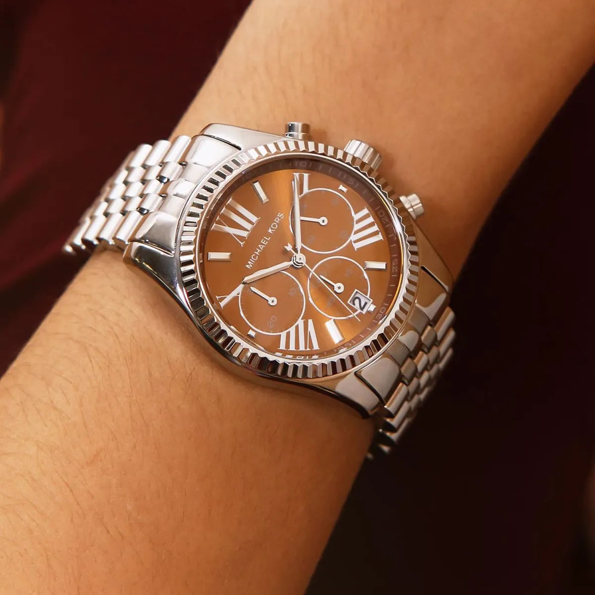 Michael Kors Lexington Chronograph Orange Dial Silver Watch - MK6221