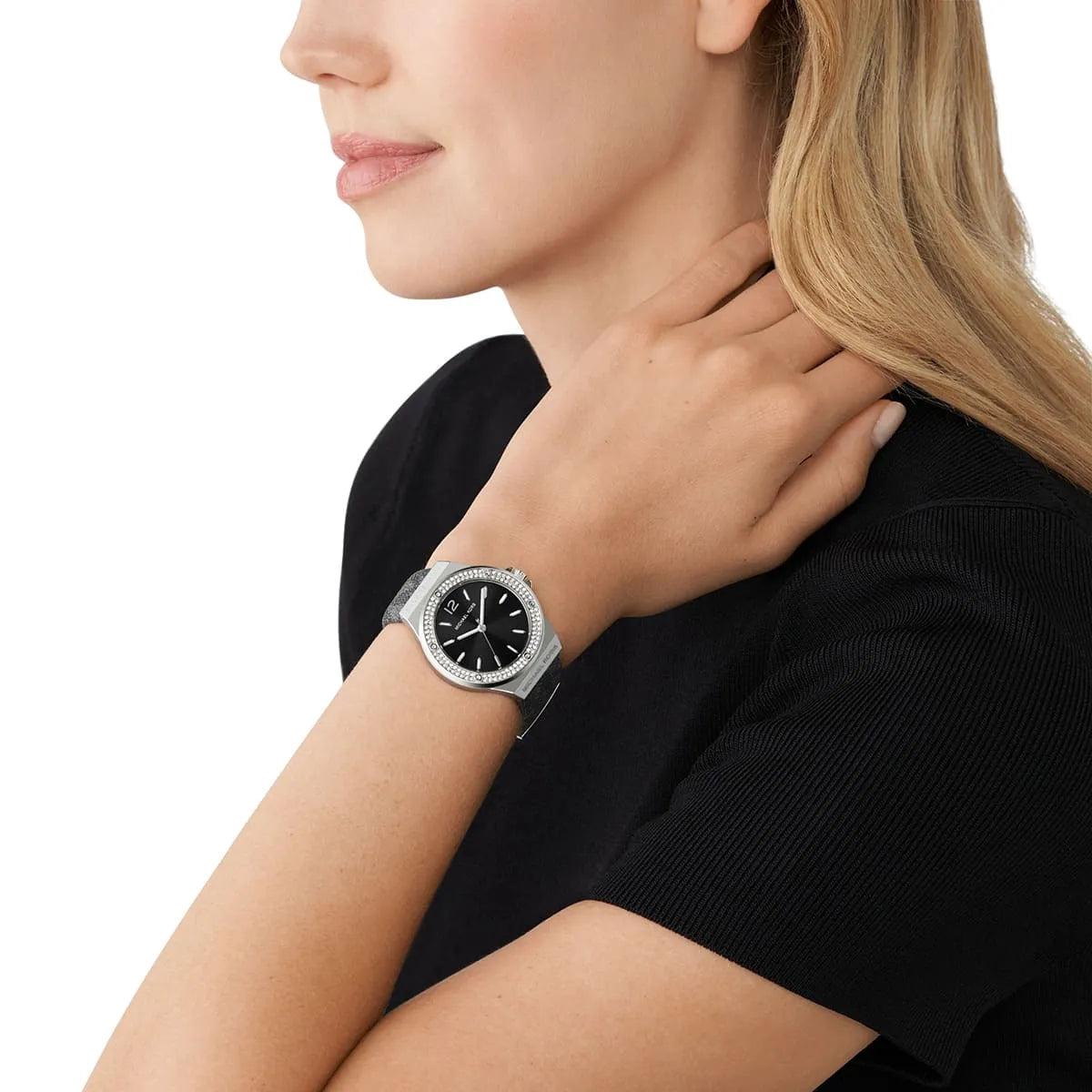 Michael Kors Lennox Pavé Black Dial Silver Genuine Leather Women's Watch - MK7309