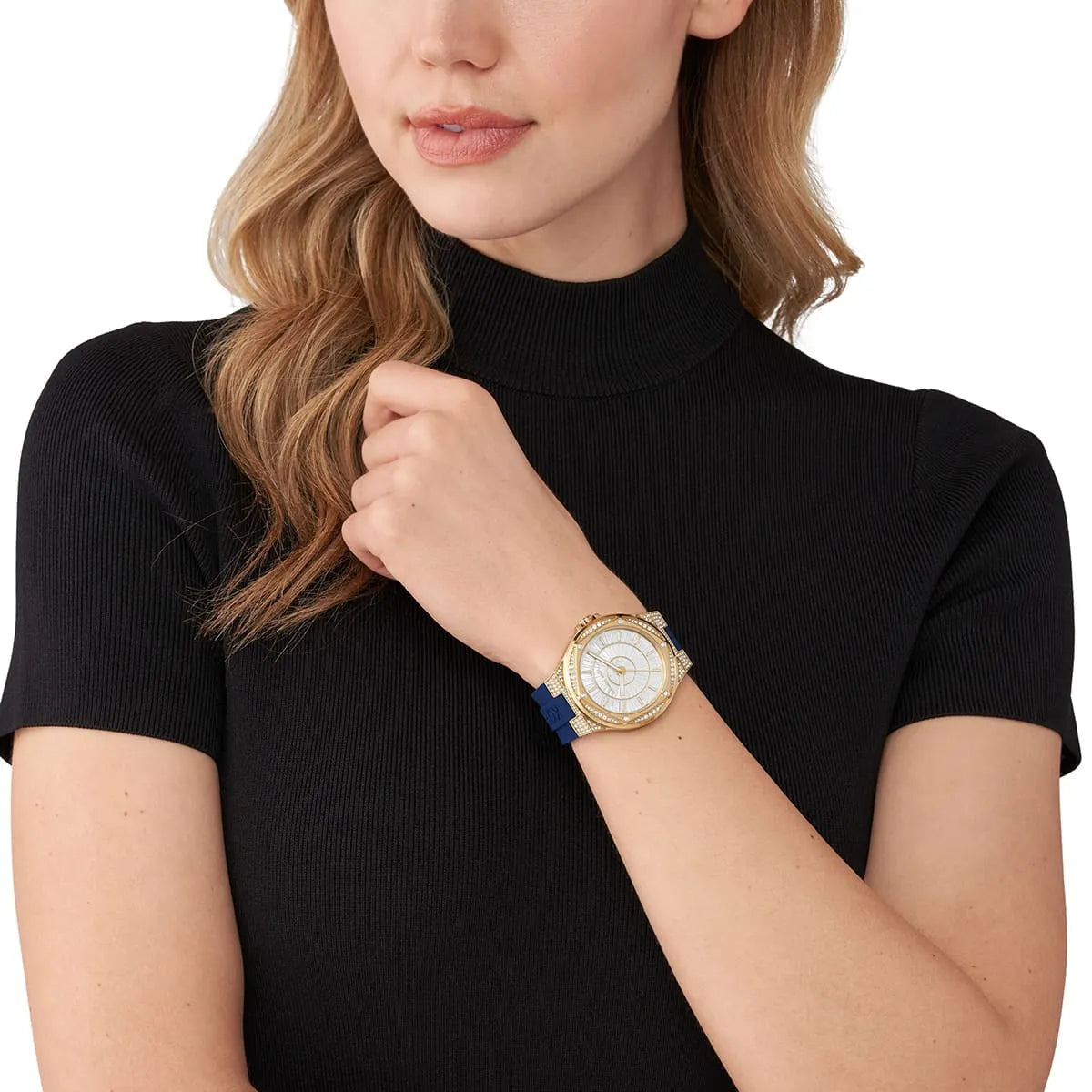 Michael Kors Oversized Lennox Pavé Gold-Tone and Blue Silicone Women's Watch - MK7333