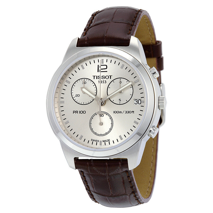 Tissot PR100 Chronograph Silver Dial Brown Leather Men's Watch T0494171603700 - Dawson Watches