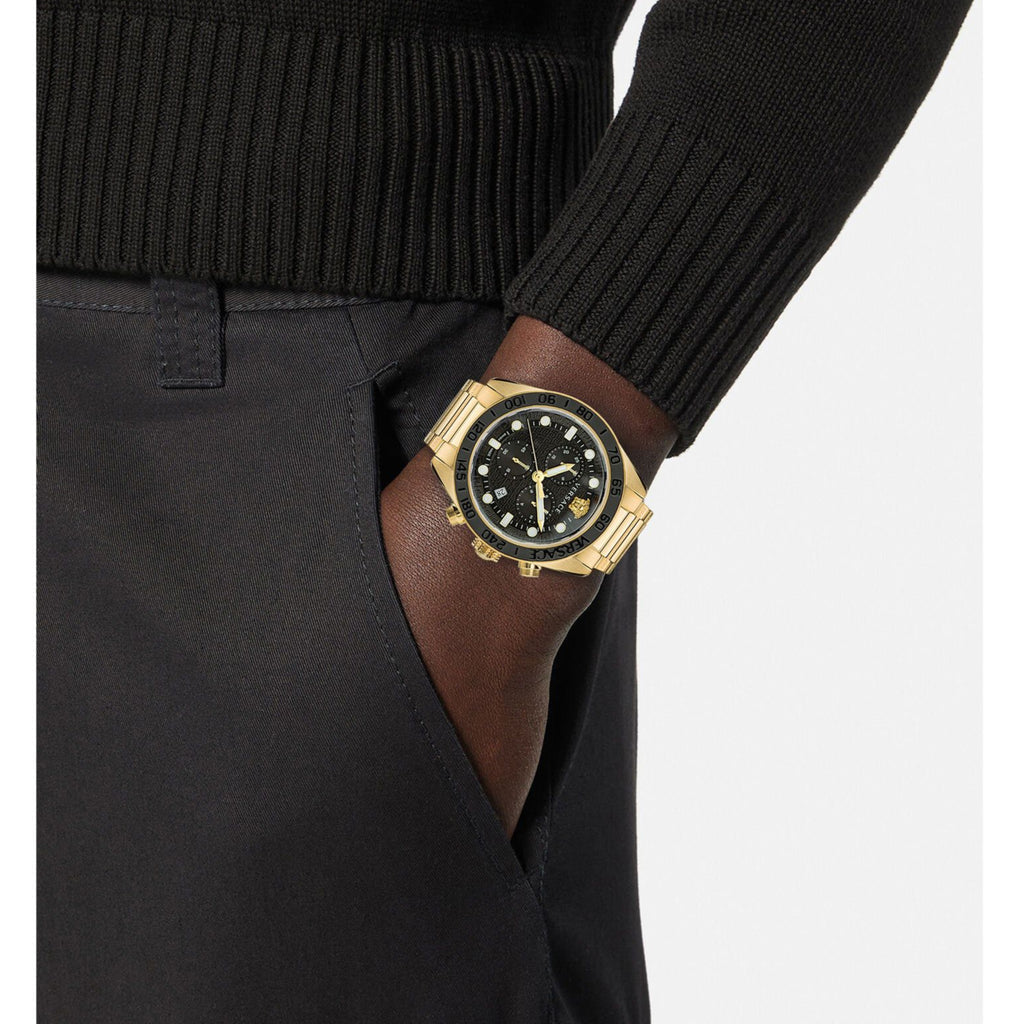 Versace Greca Dome Chronograph Black Dial All Gold Swiss Movt Watch - VE6K00523
