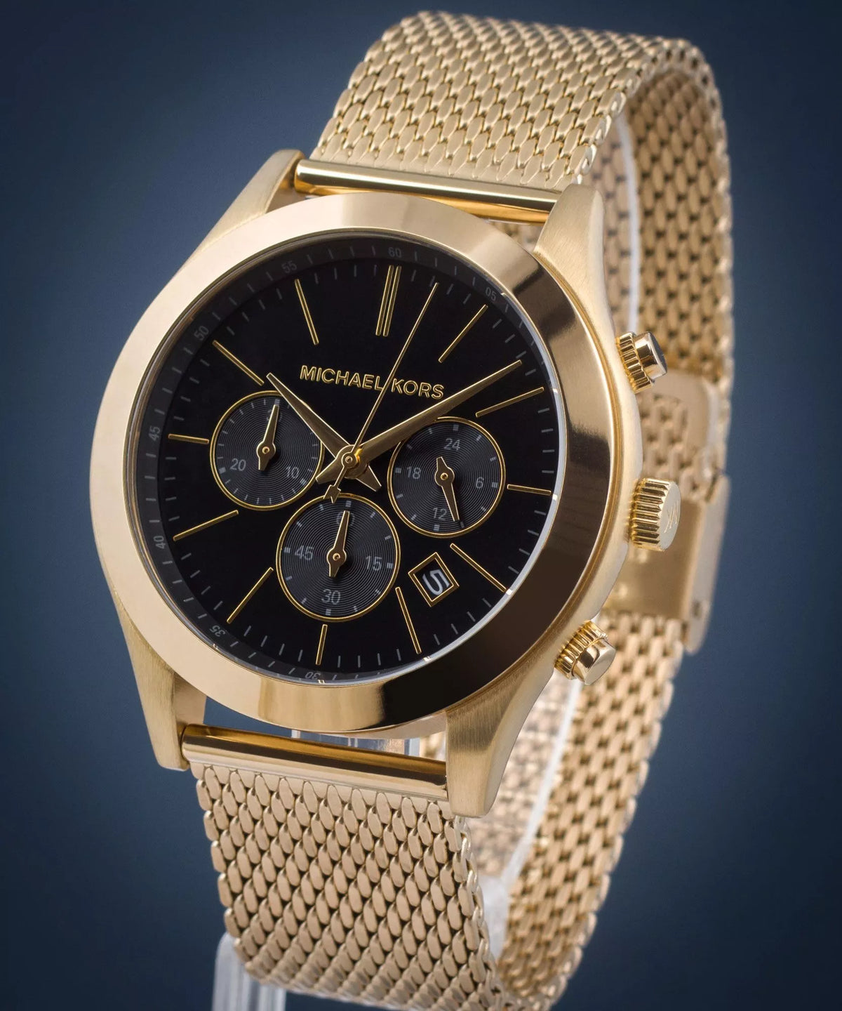 Michael Kors Slim Runway Chronograph Black Dial Gold Mesh Men's Watch - MK9057